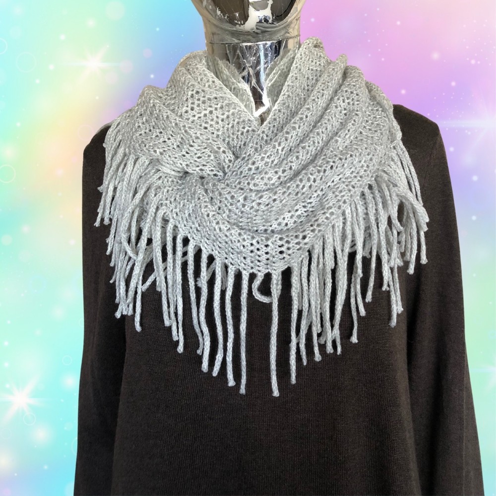 Gray Knit Fringe Infinity Scarf Lightweight